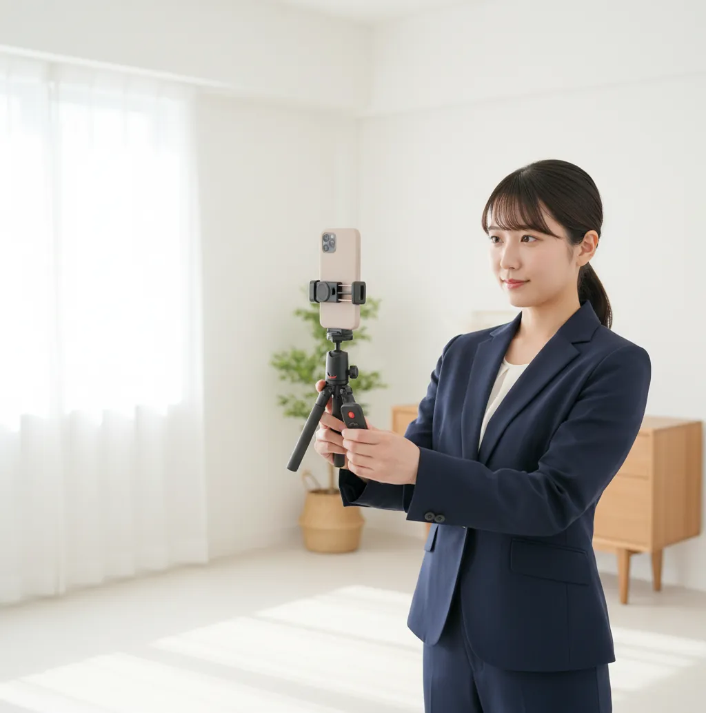 自宅でスマホを使い証明写真を撮影する様子