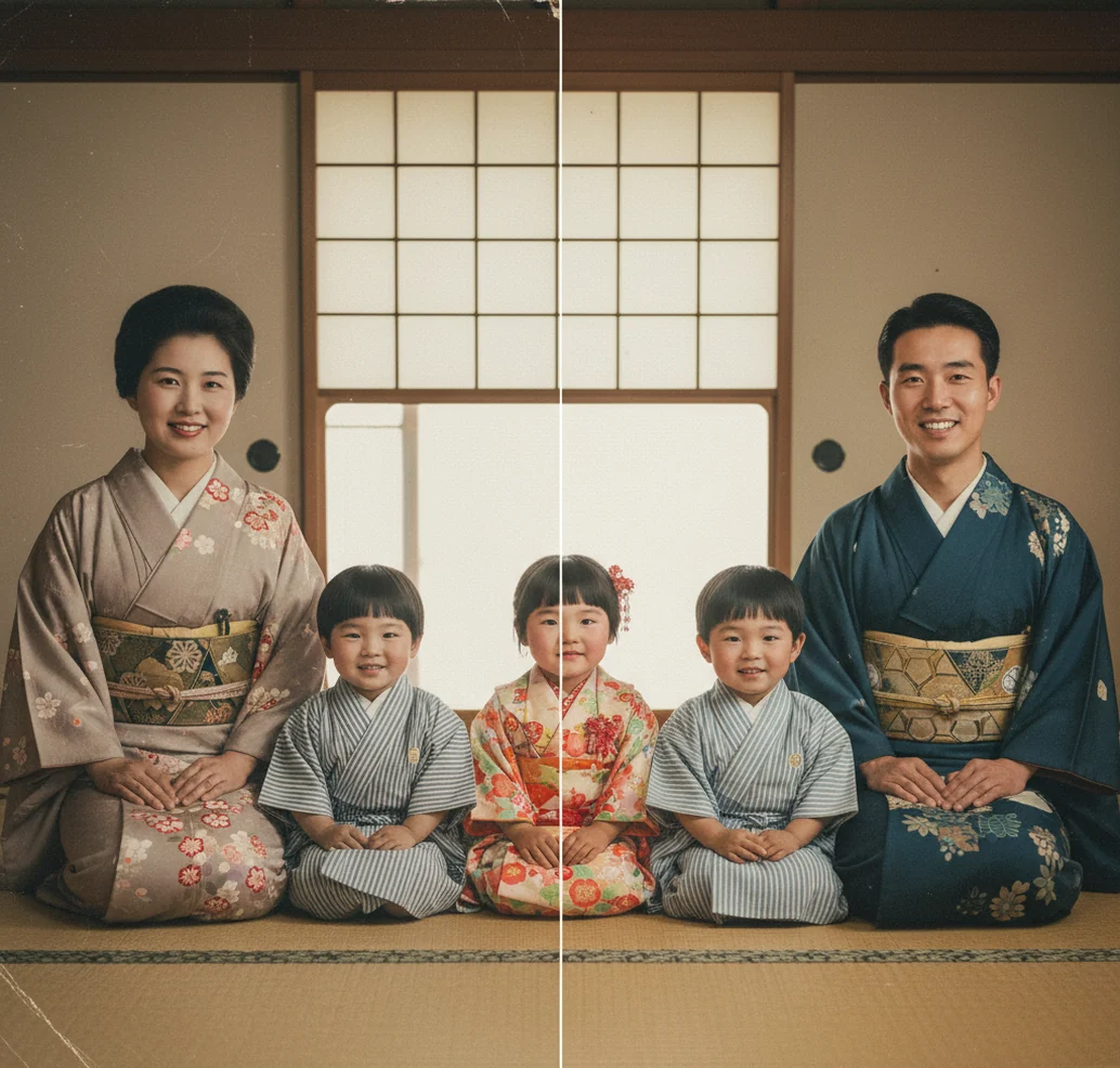 昭和の家族写真の白黒とカラー比較