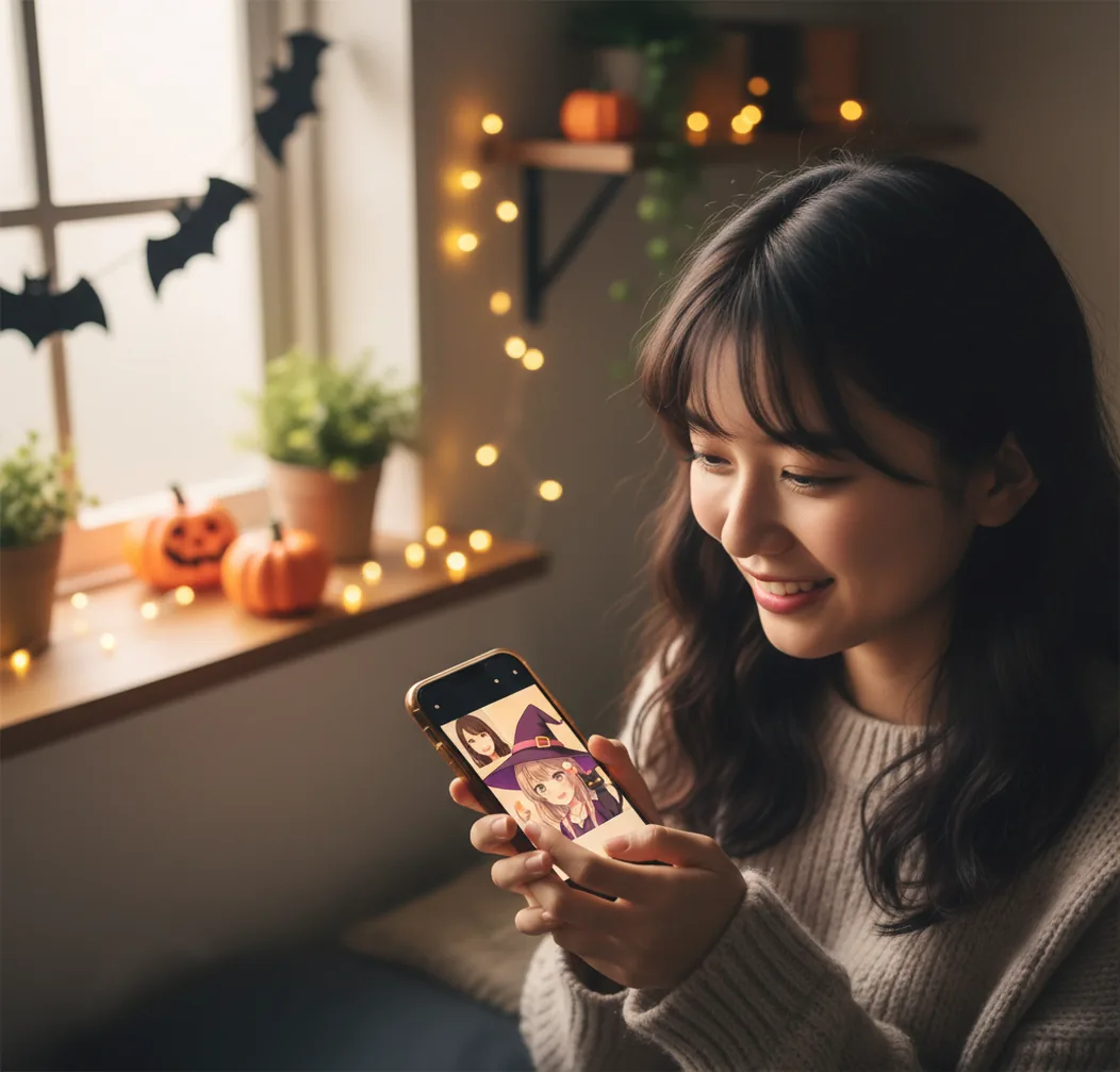 スマホで写真をハロウィン加工する様子