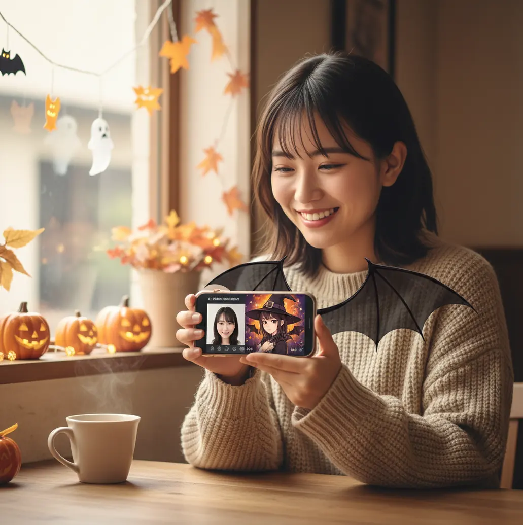 スマホで写真をハロウィン風に変換する様子