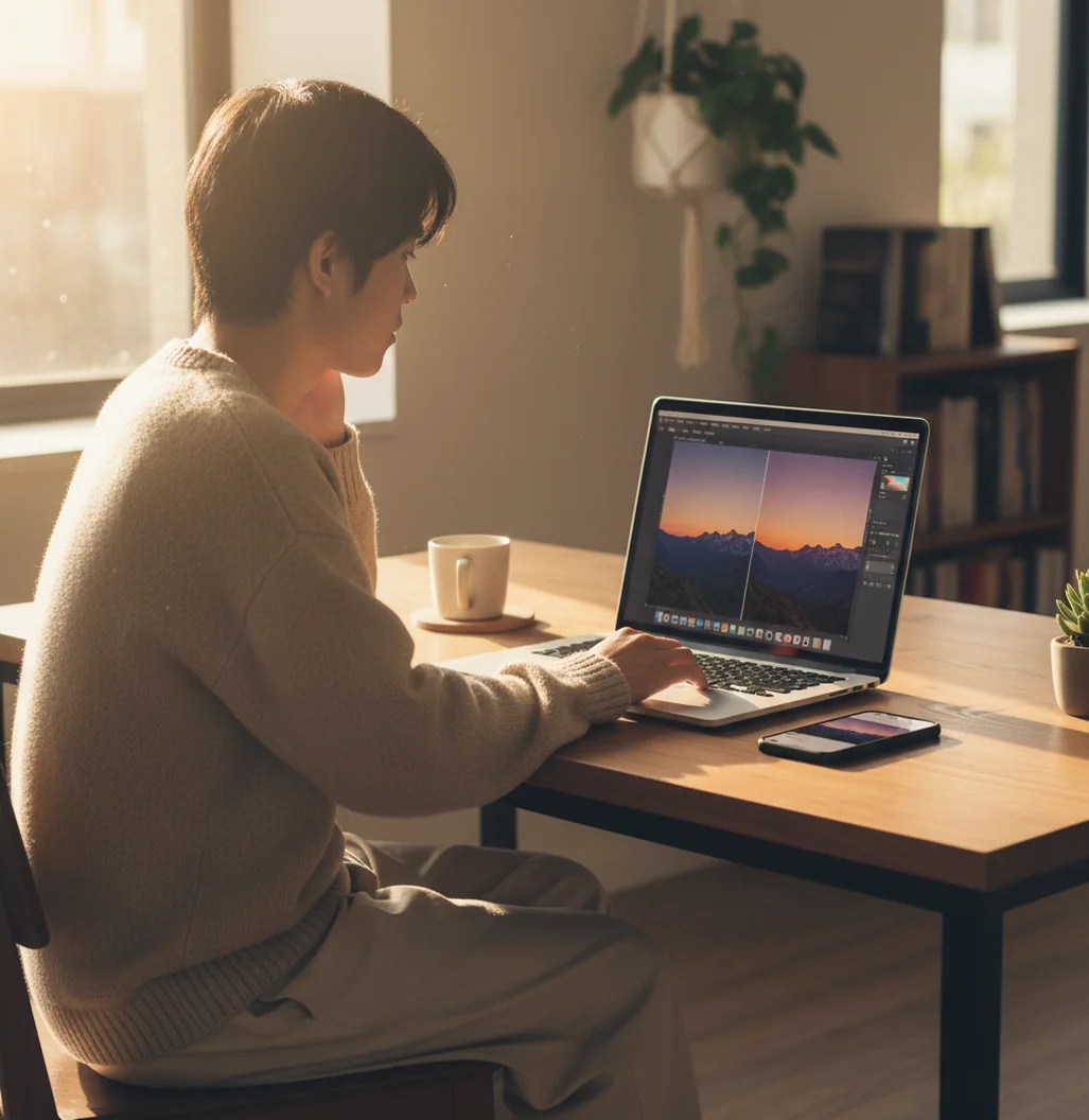 ノートPCで保存画像を補正する作業風景