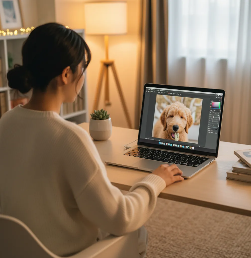 ノートPCでペット写真をぼかし除去する様子