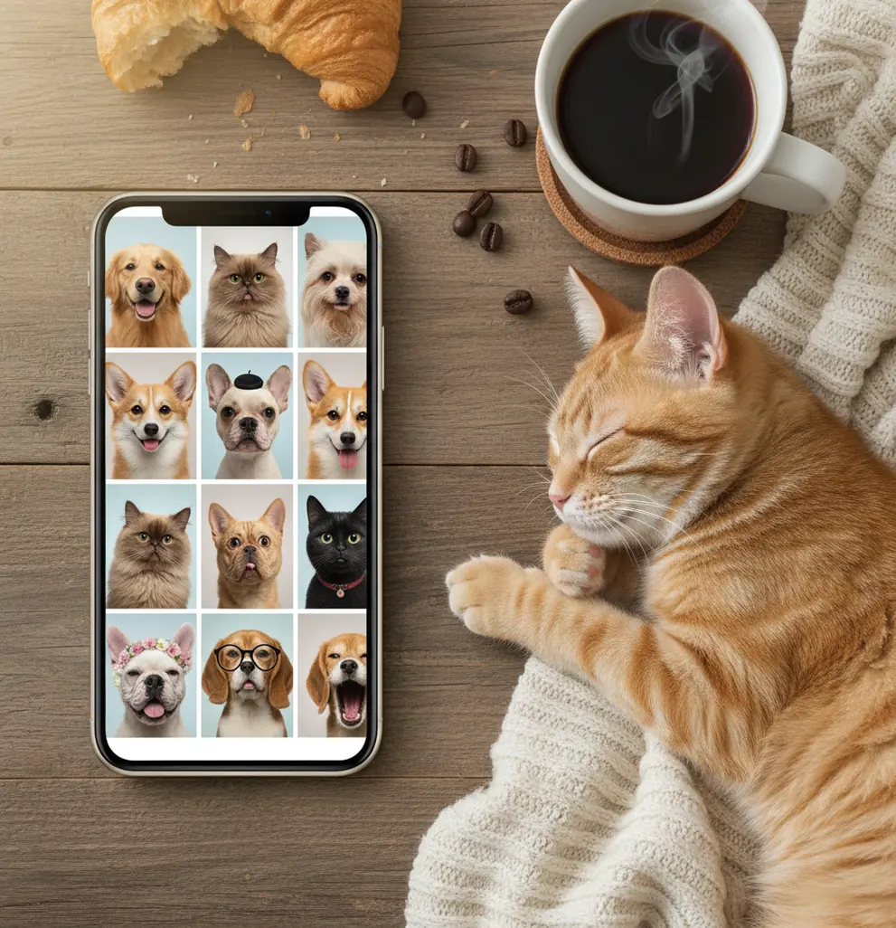 犬猫の証明写真風3x3グリッド例