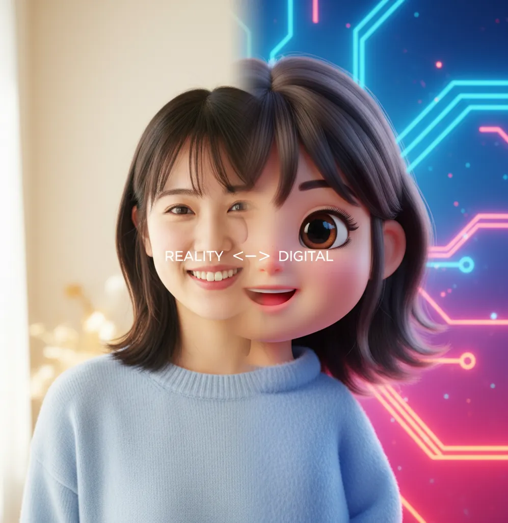 写真が3Dキャラに変換される例