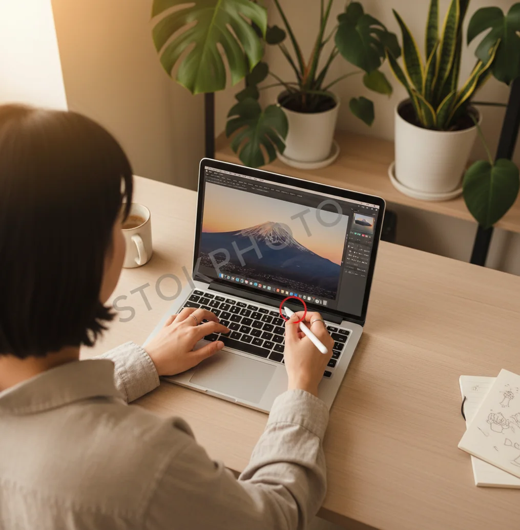 ノートPCで透かし部分を選択する手元