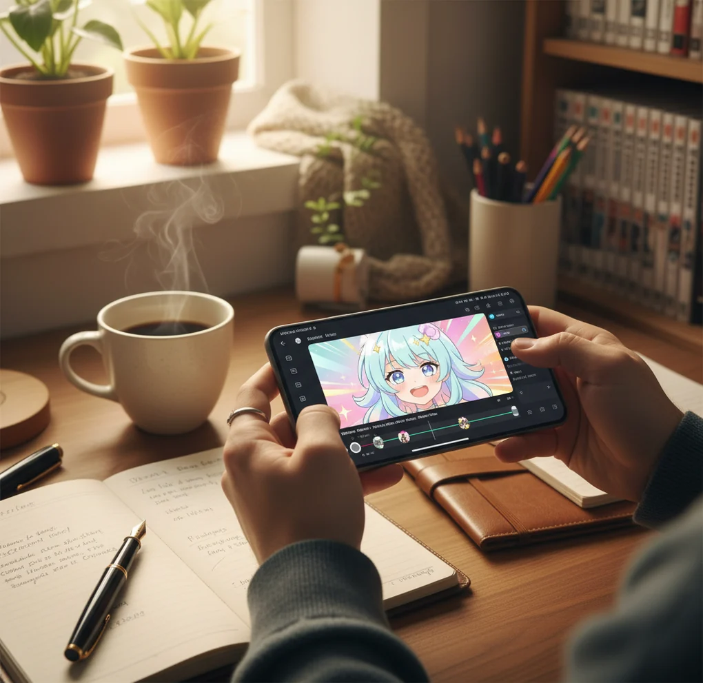 スマホでアニメ風動画を編集する手元
