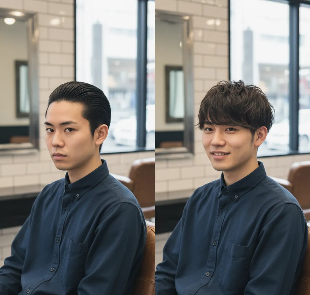 おでこ広い男性の前髪ありなし比較