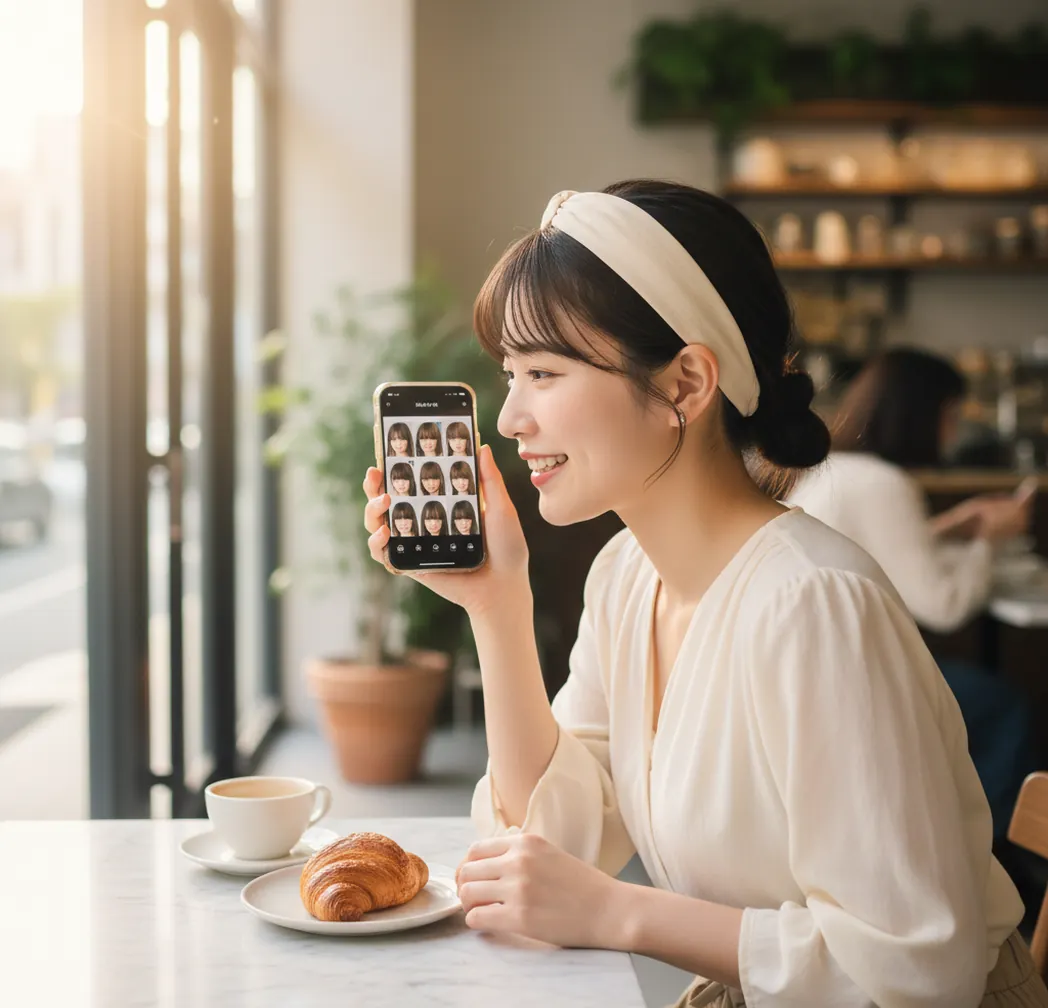 スマホで前髪を試す女性の写真