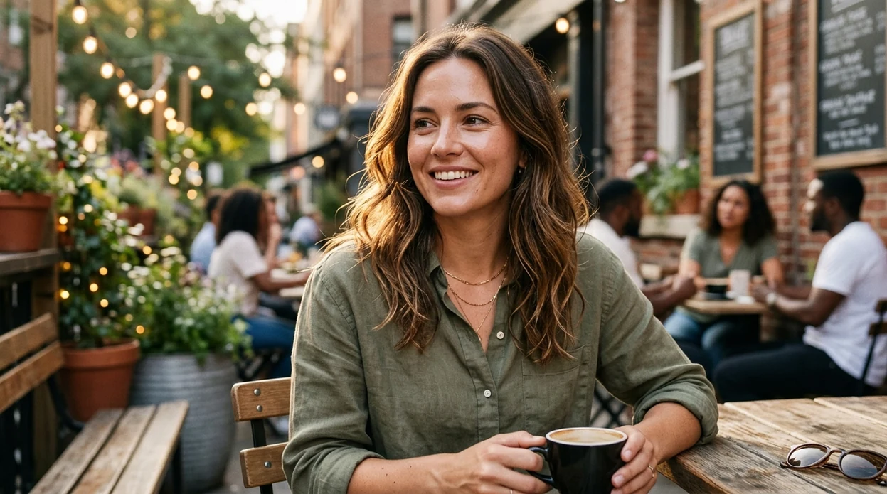 Natural dating profile portrait after subtle face and posture retouching