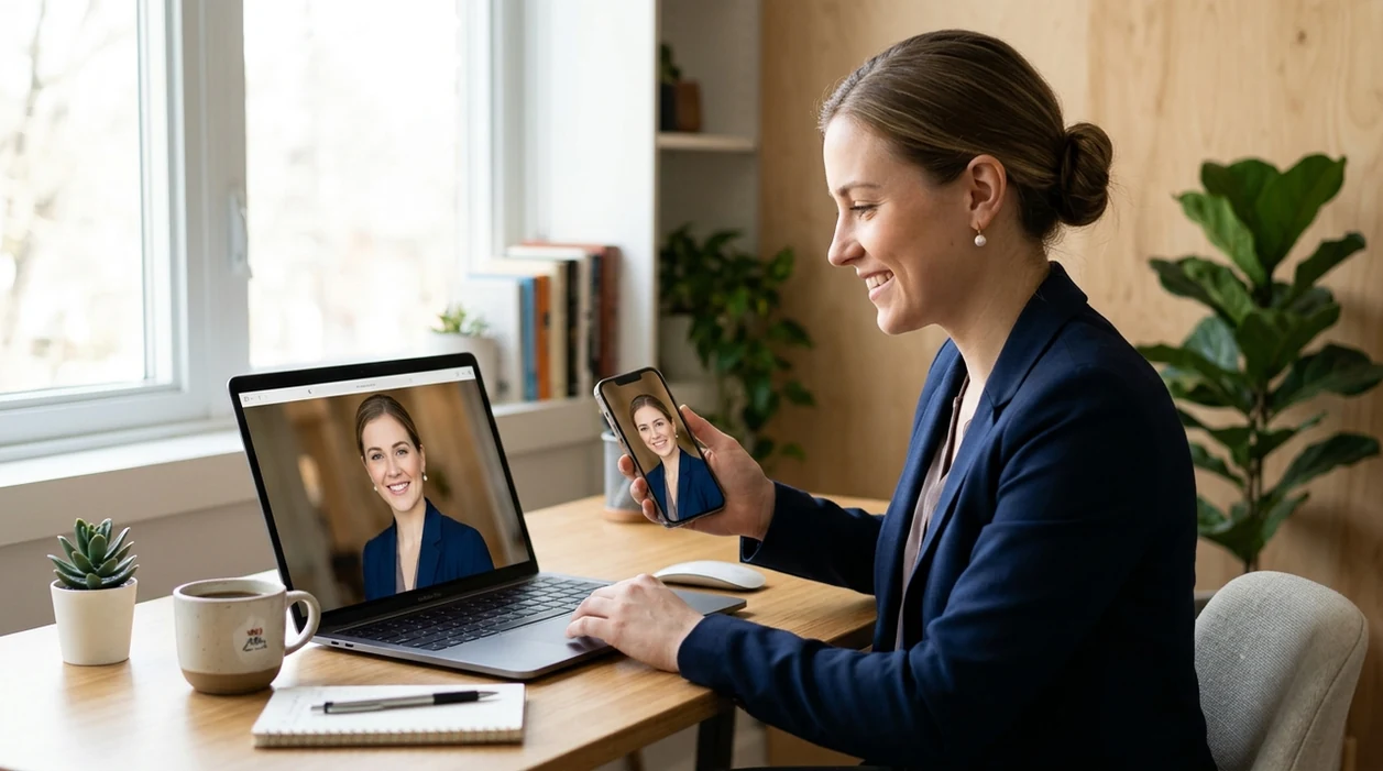 professional profile photo result shown in a modern workspace