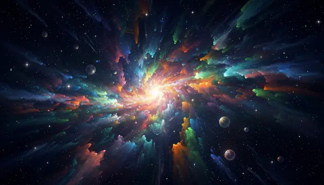 Nano Banana engine creating vibrant digital art of cosmic nebula and space scene