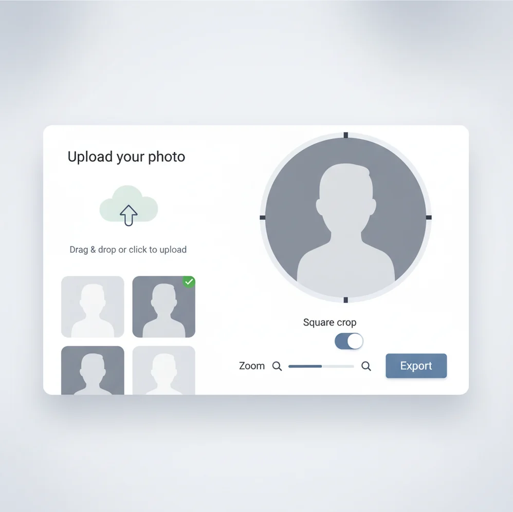 Pict.AI pfp maker tool interface showing image upload, circle or square crop options, zoom slider, and export button