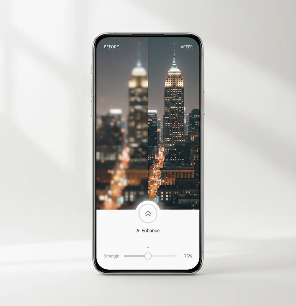 Before and after example of photo enhance: left is blurry and noisy, right is sharper with cleaner details after Pict.AI enhancement
