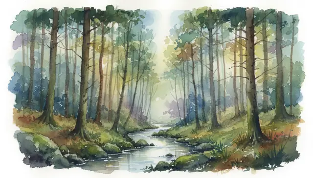 Photo to AI artistic conversion rendering forest scene as watercolor painting
