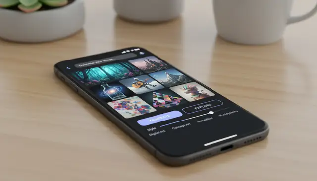 Pict AI app screenshot showing AI image generator interface on smartphone with generated images