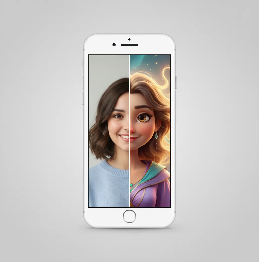 Before and after of a portrait transformed into a cartoon-style, animated movie style look in the Pict.AI app