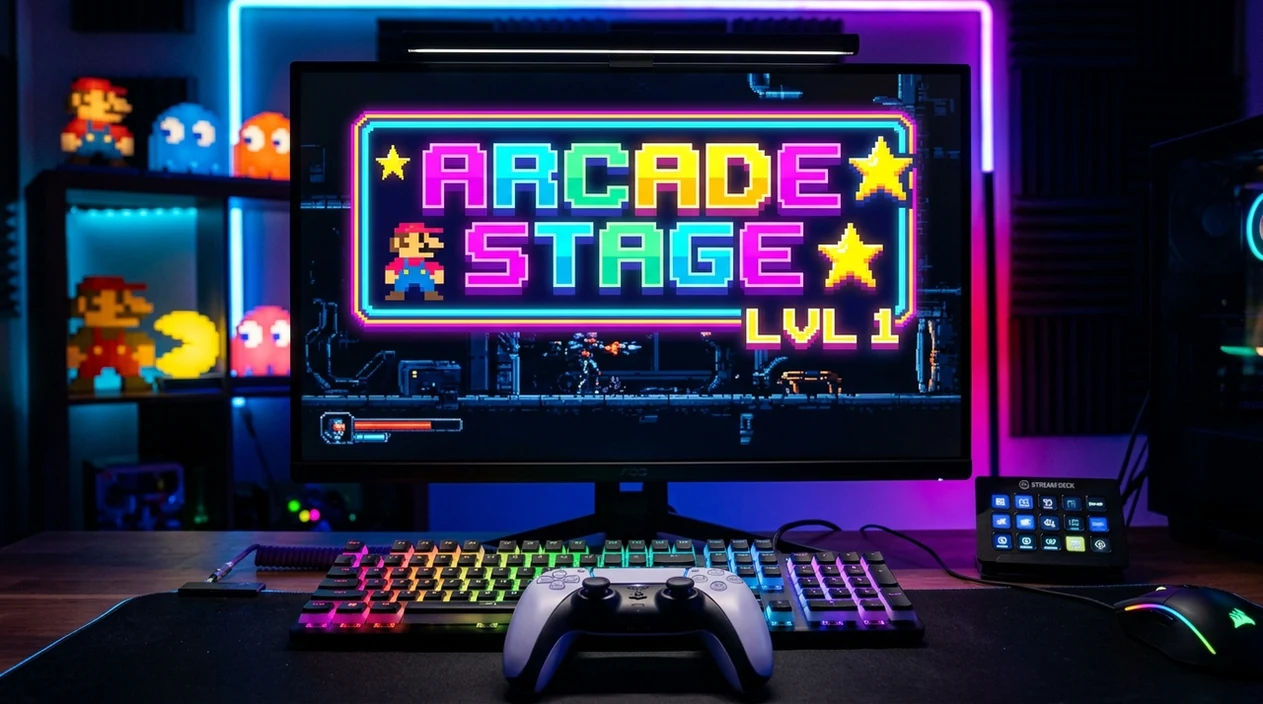 retro pixel lettering used in a streamer overlay setup