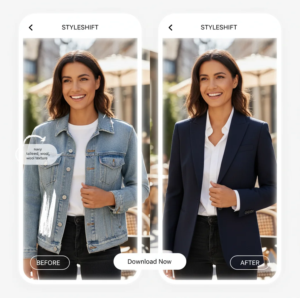 Before and after outfit replacement showing a jacket changed to a blazer using an AI mask and prompt in a mobile editor