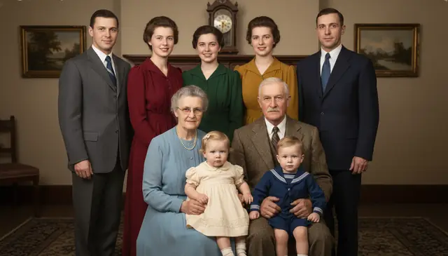 Restored old family photograph with AI color restoration and damage repair