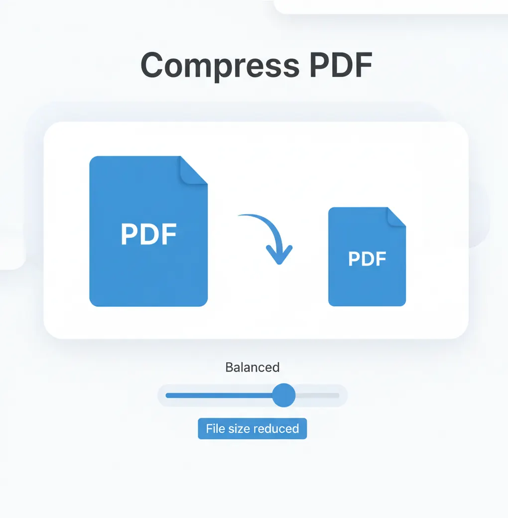 Screenshot-style illustration of a PDF being compressed into a smaller file with a quality slider