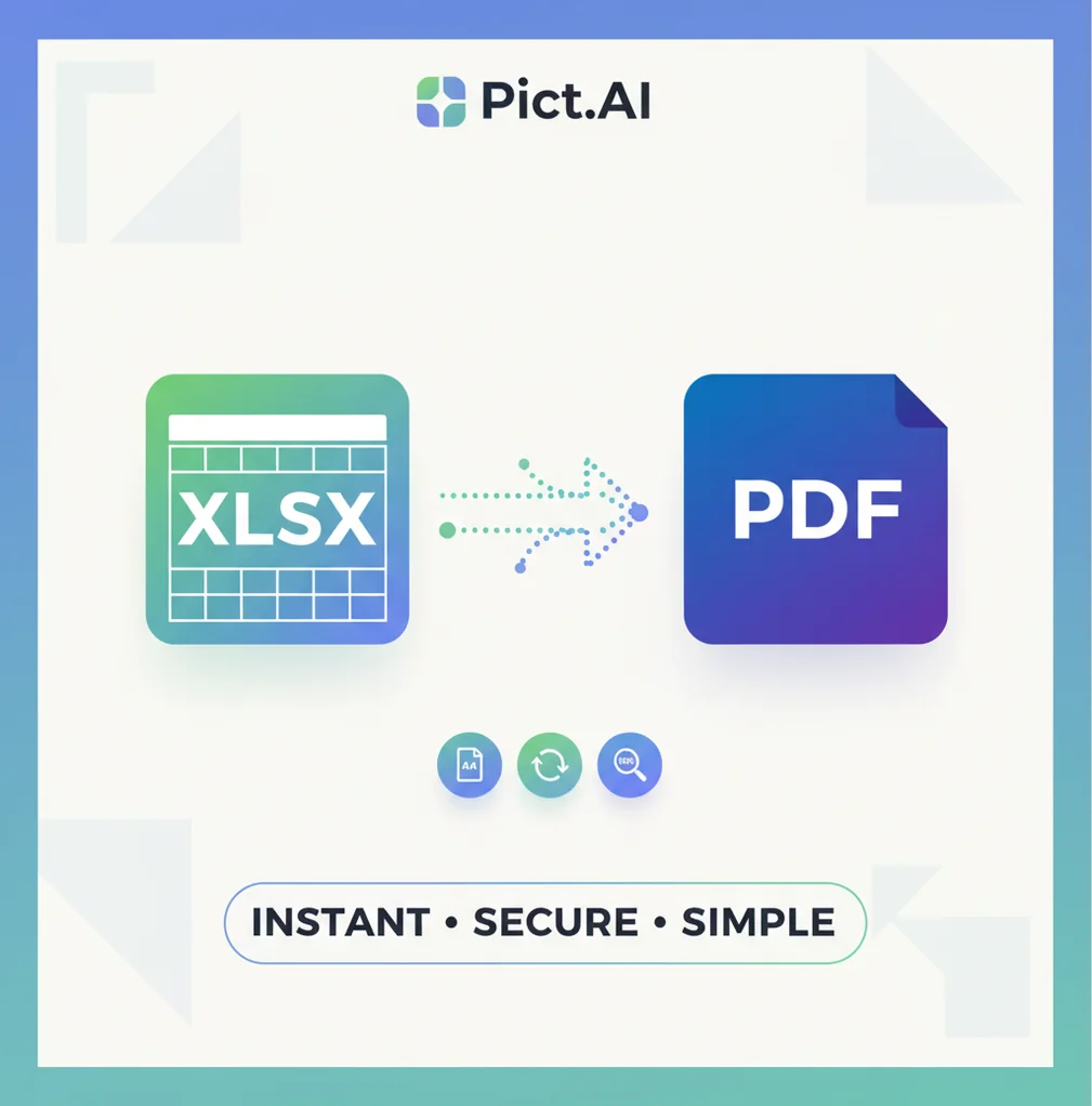 Pict.AI Excel to PDF converter interface showing an XLSX file being exported to PDF with page layout options