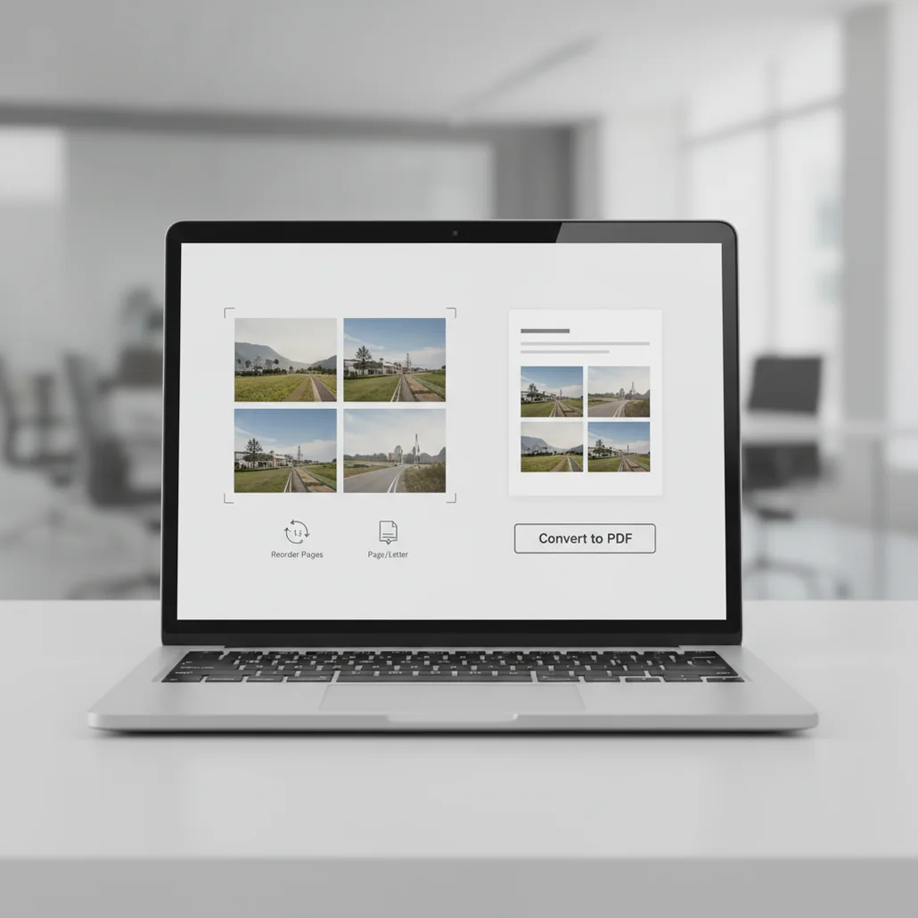 Screenshot of Pict.AI Image to PDF tool combining multiple photos into a single PDF