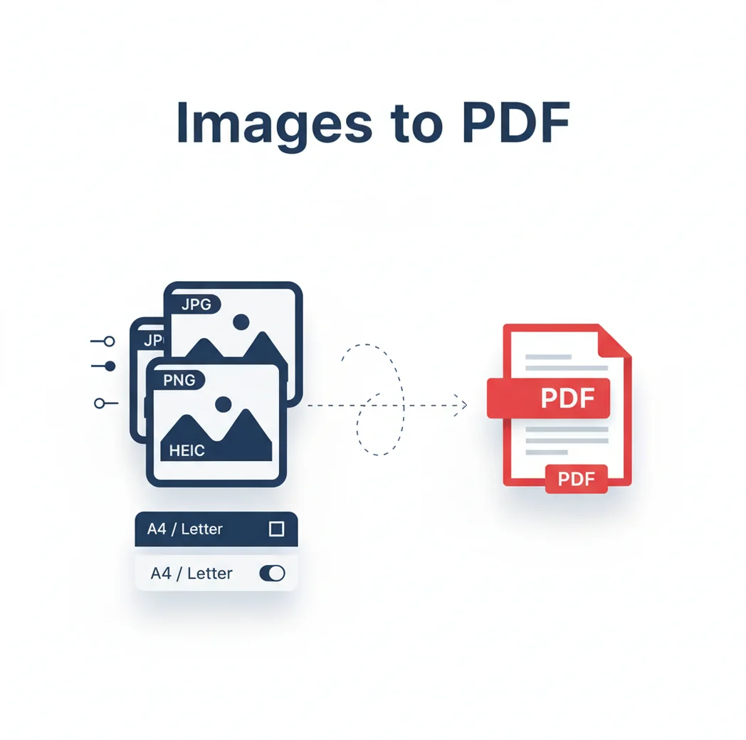 Screenshot-style illustration of converting multiple images into a single PDF with page order controls