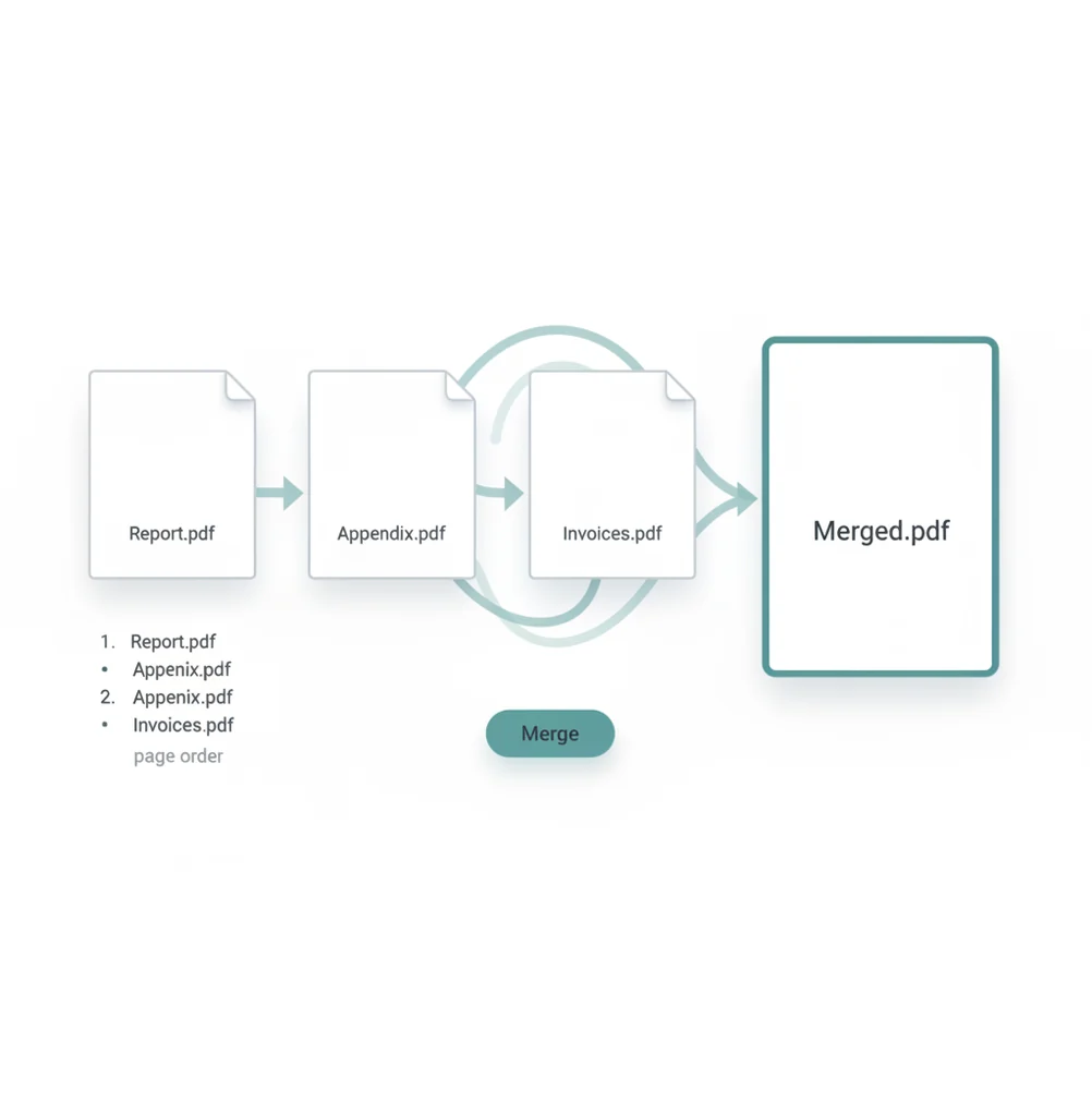 Interface showing multiple PDF files being combined into one merged PDF with drag-and-drop ordering