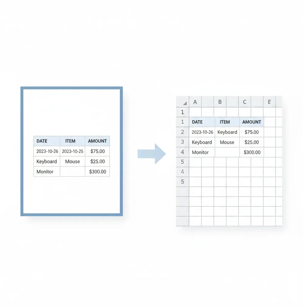 Screenshot-style illustration of a PDF table converting into an Excel spreadsheet grid