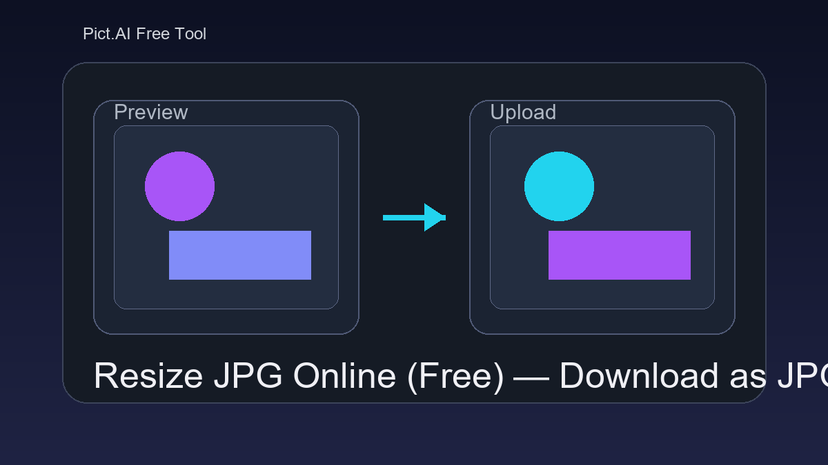 Pict.AI Resize JPG tool showing width and height fields, preview, and download JPG button