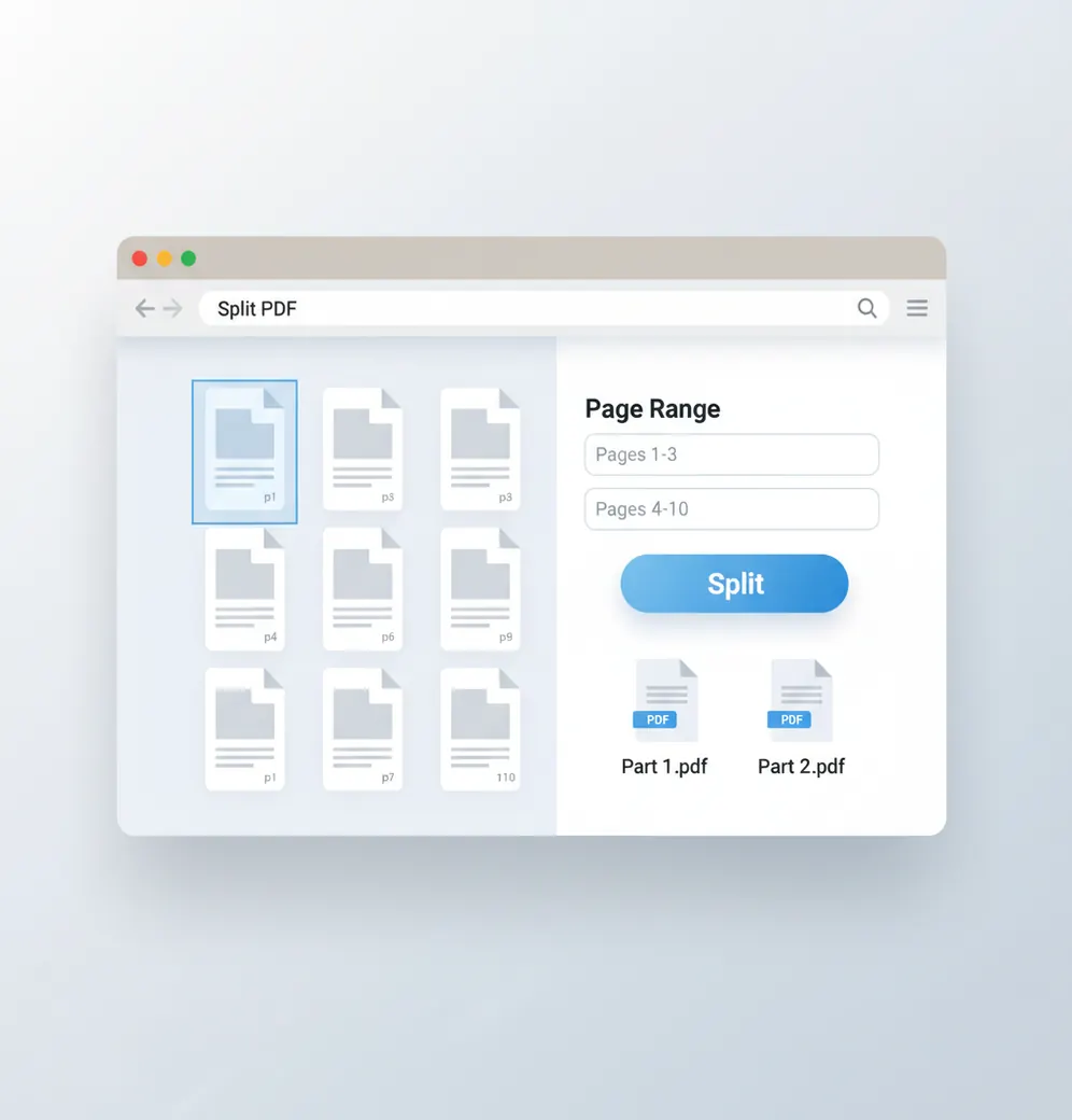 Pict.AI Split PDF tool interface showing page thumbnails and page range selection