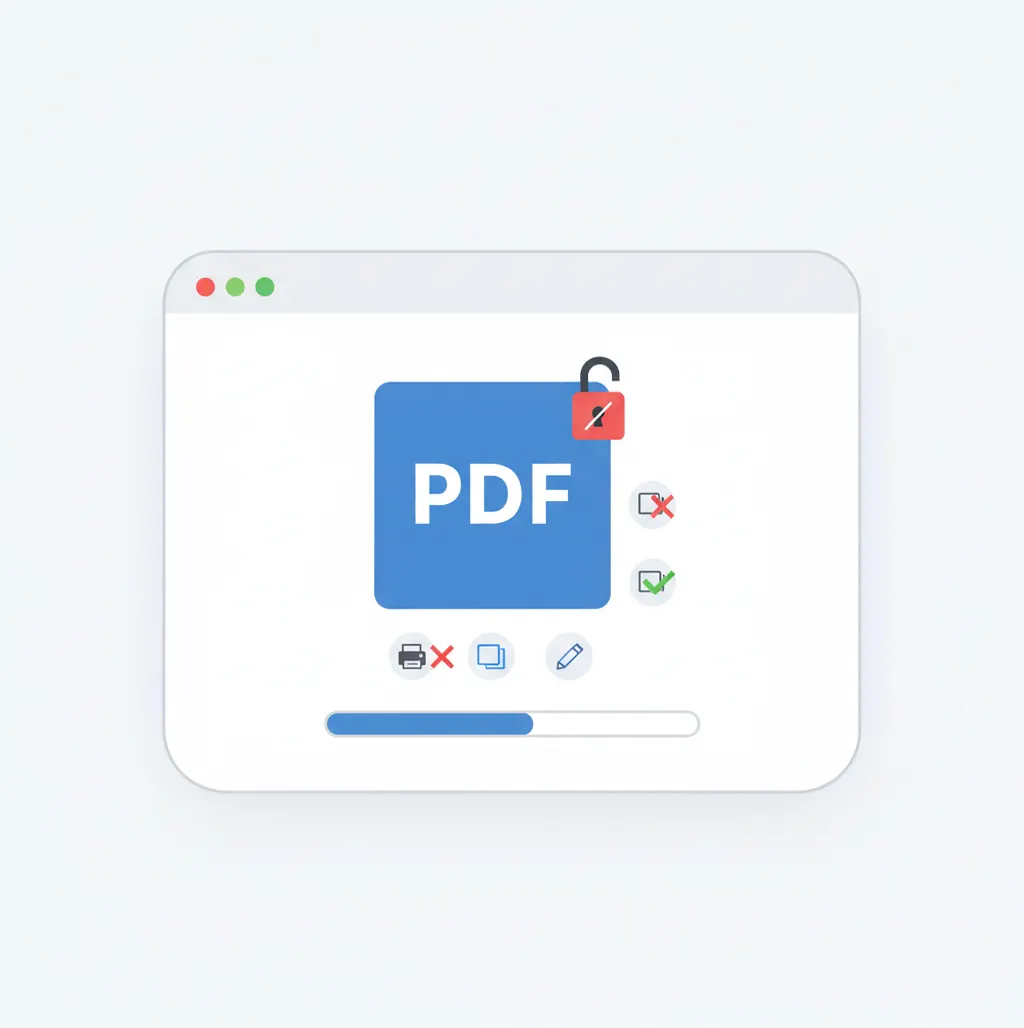 Pict.AI Unlock PDF tool removing printing and copying restrictions from a PDF after entering the correct permission password.