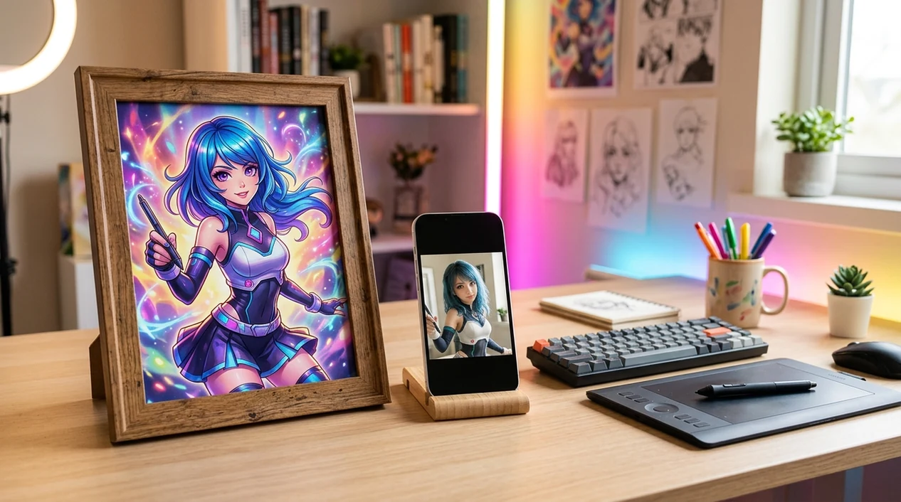 anime avatar result shown beside original photo on creative desk