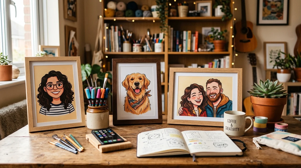 cartoon avatar photo results displayed as printed illustrated portraits