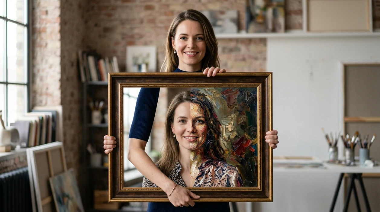 turn photo into painting style portrait with oil paint texture