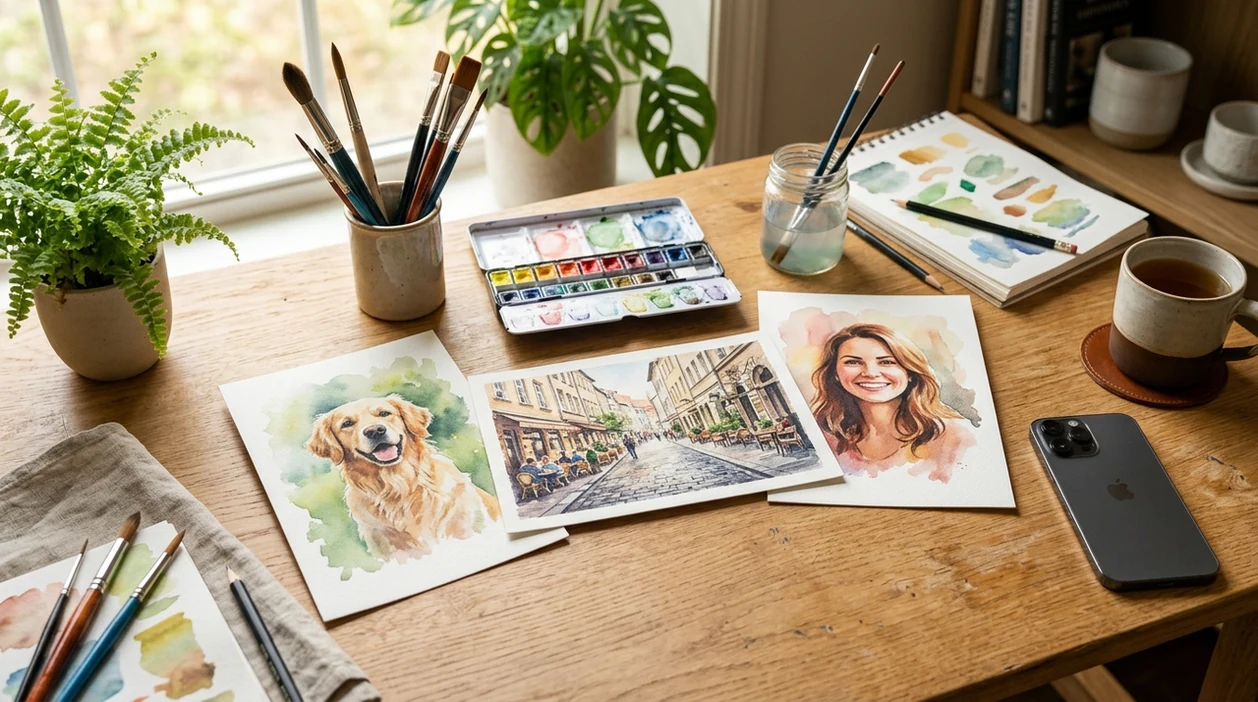 watercolor photo art results printed on a modern desk