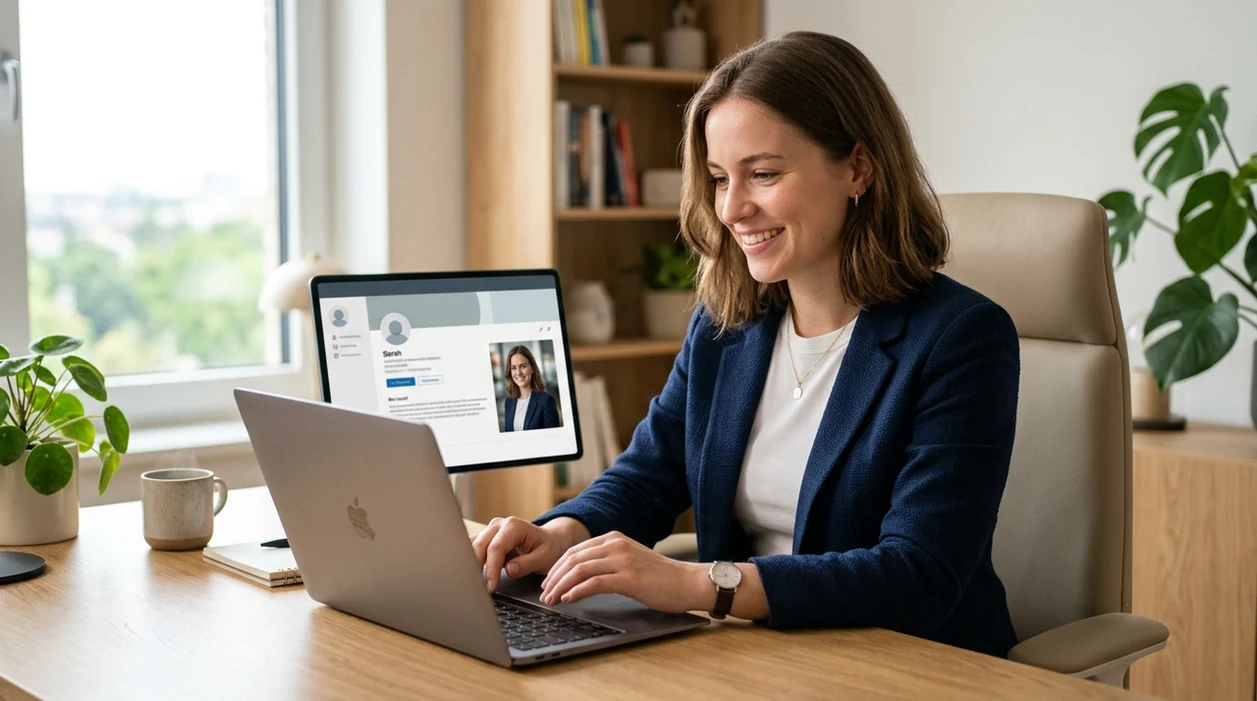 professional AI headshot result displayed in a modern work setting