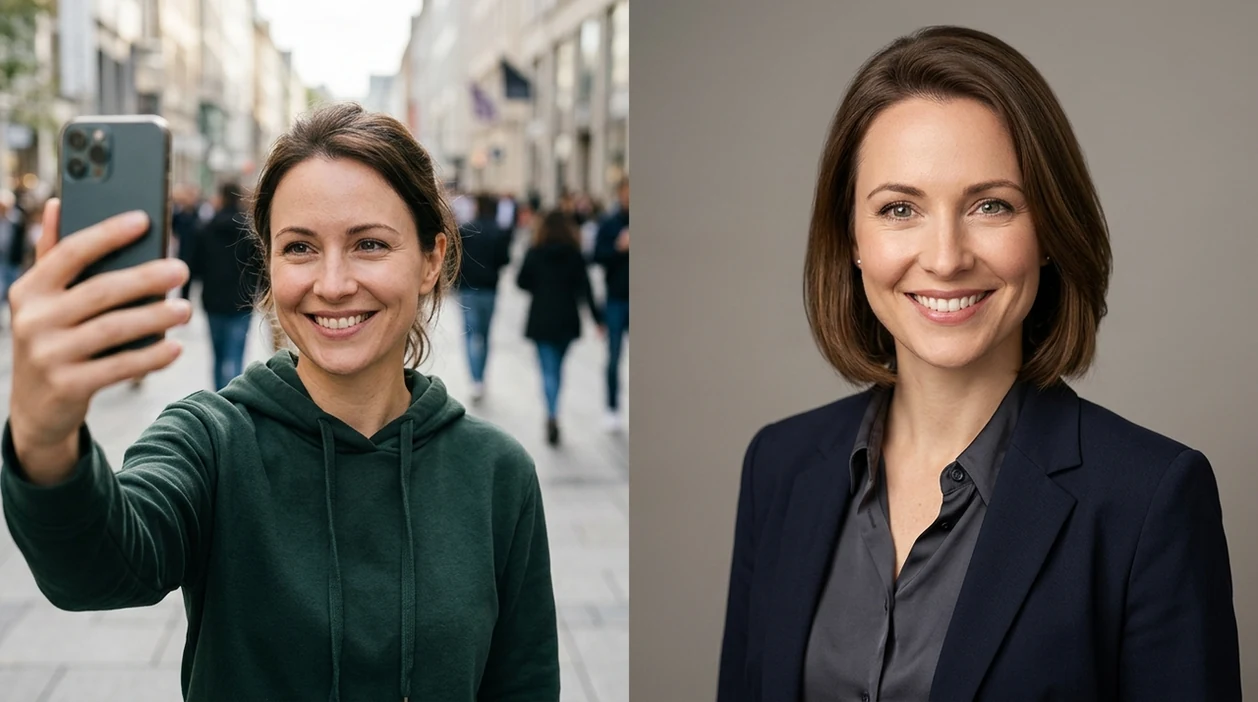 turn photo into professional headshot showing polished career portrait outcome