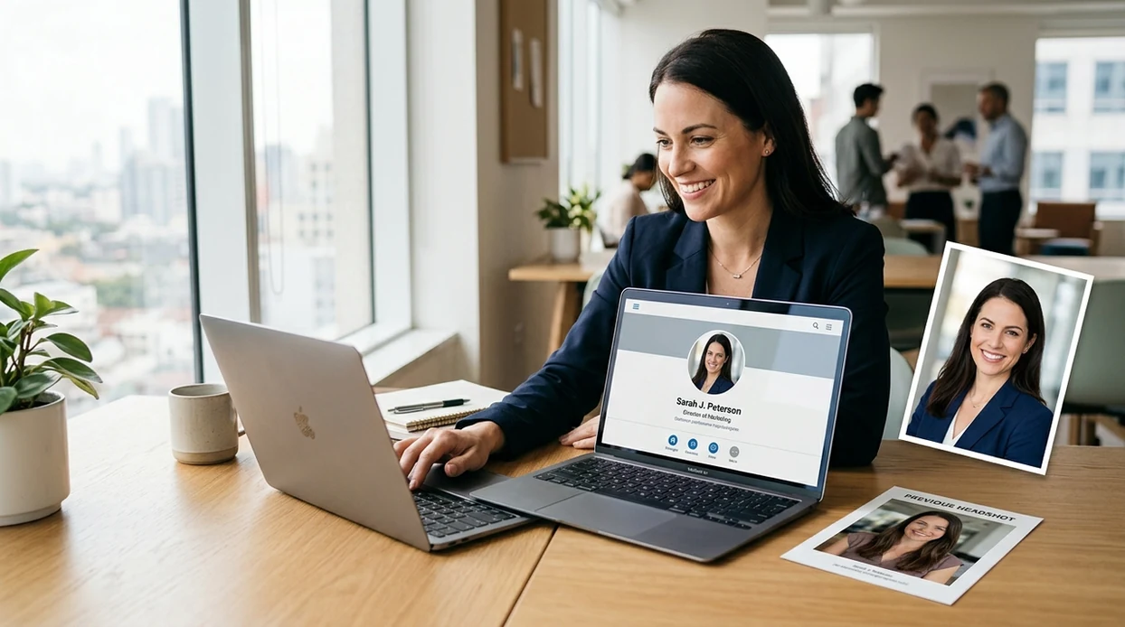 professional LinkedIn headshot result displayed in a clean office setting