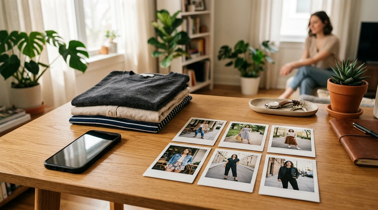 AI outfit preview photos beside clothing on a desk