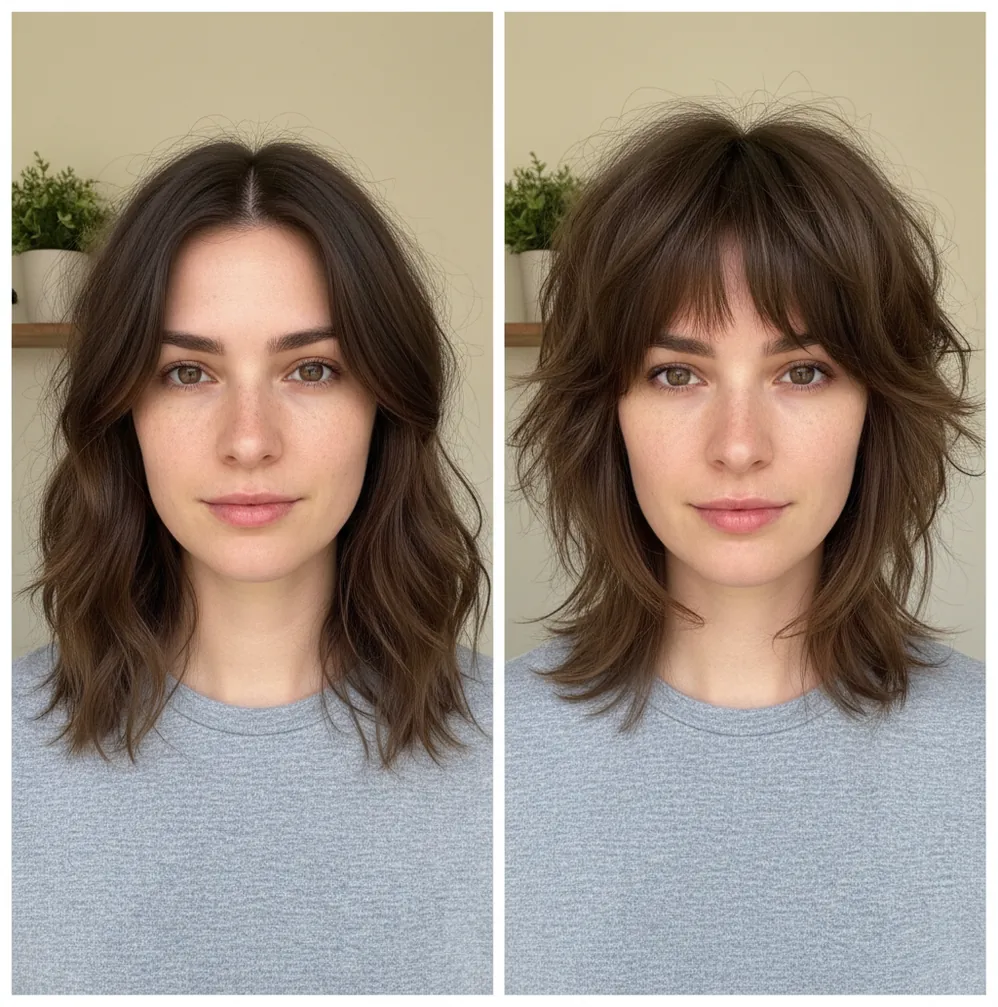 Before and after selfie showing a natural wolf cut hairstyle preview with shaggy layers and curtain bangs.