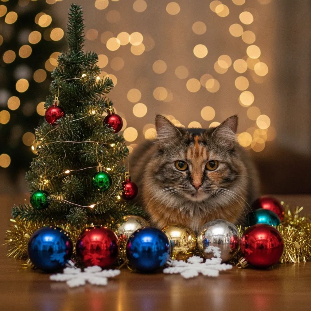 AI Christmas Cat Picture - festive cat ornaments Christmas picture example