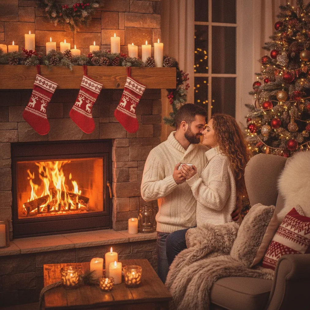 Christmas Lock Screen Photo AI - festive couple fireplace Christmas picture example