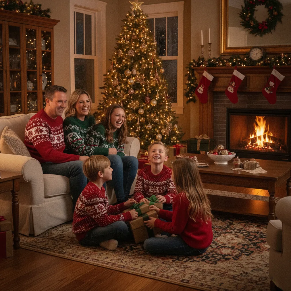 Christmas Photo Booth Ideas for Parties, Families, and Events - festive family living room Christmas picture example