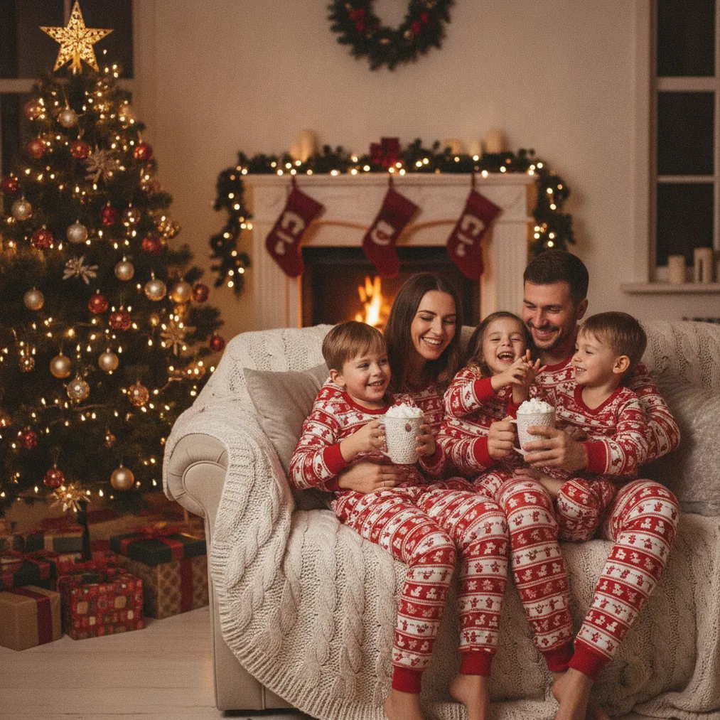 Christmas Photo Prop Ideas - festive matching pajamas Christmas picture example
