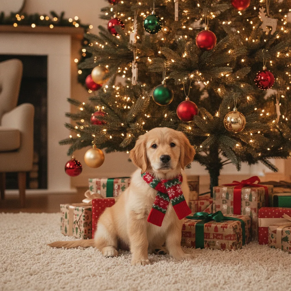 AI Christmas Photo Background - festive pet dog tree Christmas picture example