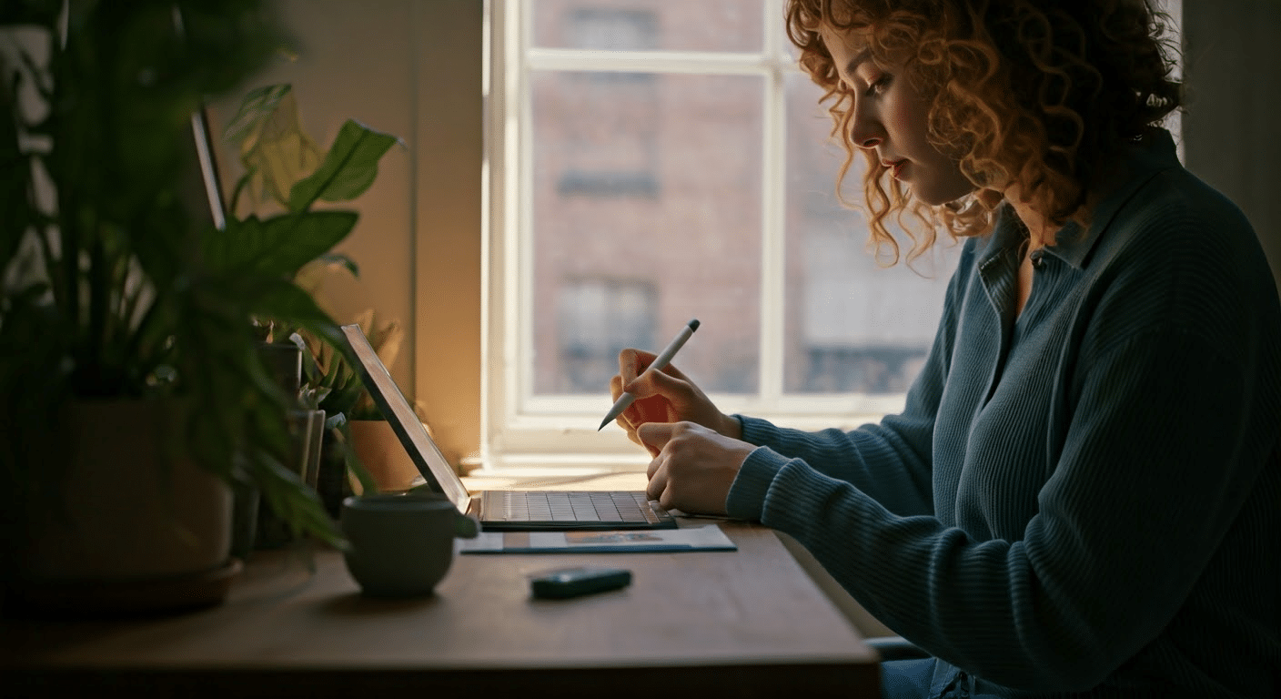 Aesthetic Pfp - Young woman editing an aesthetic profile picture on a tablet with vibrant graphics.