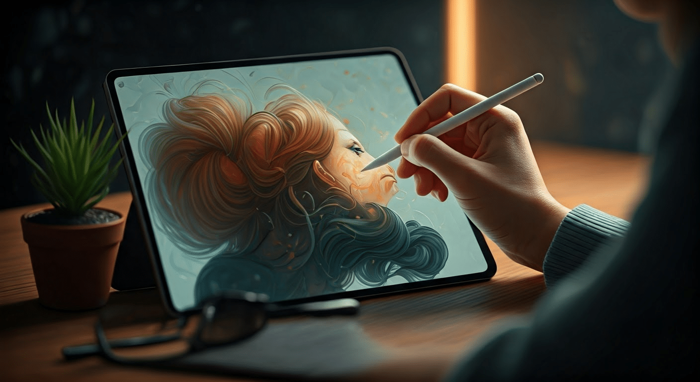 Artist using an AI art generator on a tablet in a vibrant studio setting