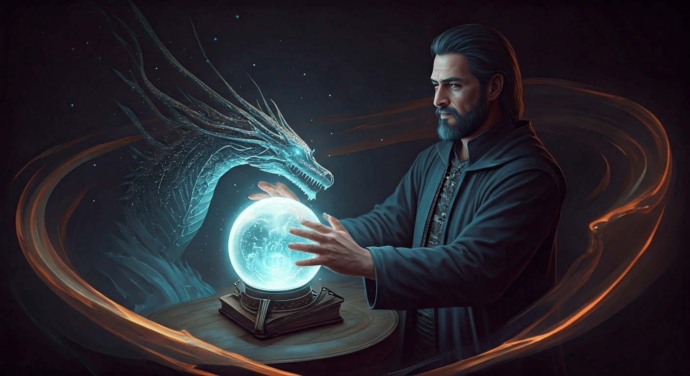 AI Fantasy - A wizard conjures a digital dragon using an AI-powered crystal ball