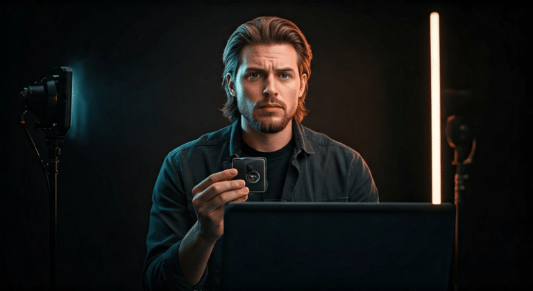 Graphic designer applying AI filter to transform a portrait photo
